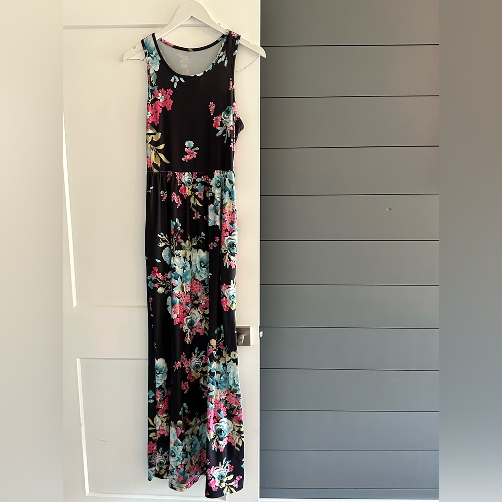 Women’s Sleeveless Racerback Floral Print Casual Long Maxi Dresses,Navy,Medium
